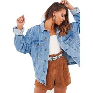 🆕Women's Blue Oversized Vintage Denim Jacket Long Sleeve Boyfriend Casual Coat